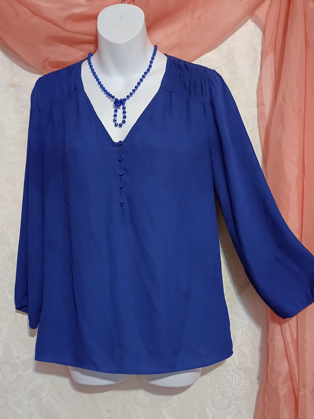 Daniel Rainn Ladies Cobalt Blue V-Neck Button Blouse Sz Sm